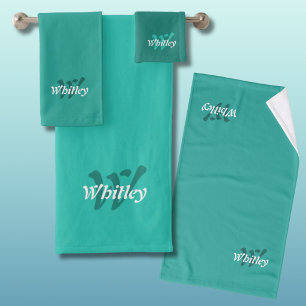 Elegant Turquoise White Teal Monogram Name Bath Towel Set
