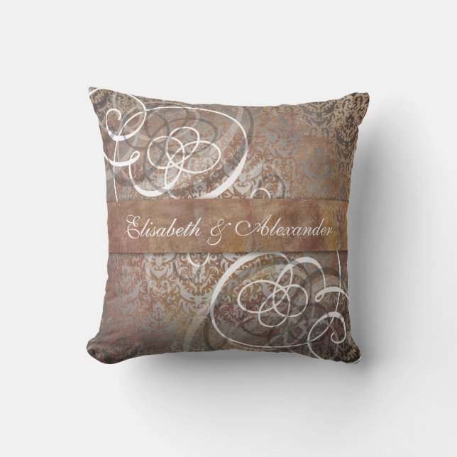 Elegant Tuscan Damask Custom Newlywed Wedding Gift Cushion (Front)