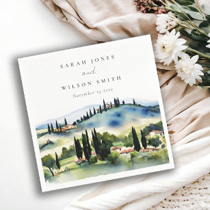 Elegant Tuscany Italy Watercolor Landscape Wedding Napkin
