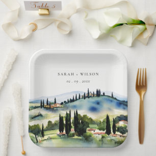 Elegant Tuscany Italy Watercolor Landscape Wedding Paper Plate