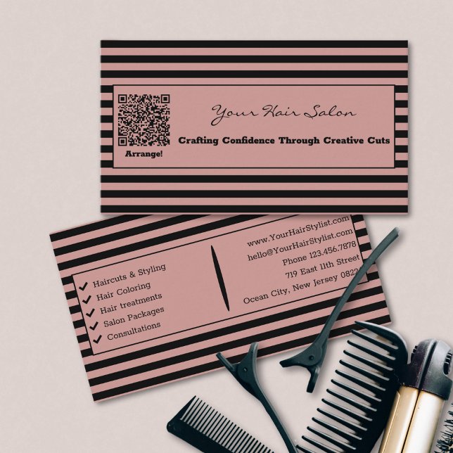 Elegant Tuscany Pink and Black Striped Hair Salon Business Card (Elegant Tuscany Pink and Black Striped Hair Salon Business Card)