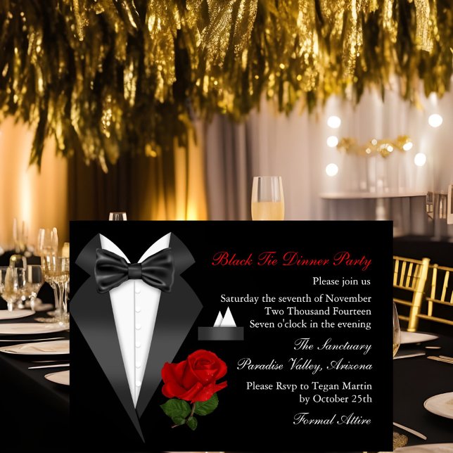 Elegant Tux & Rose Black Tie Dinner Party Invite (Creator Uploaded)
