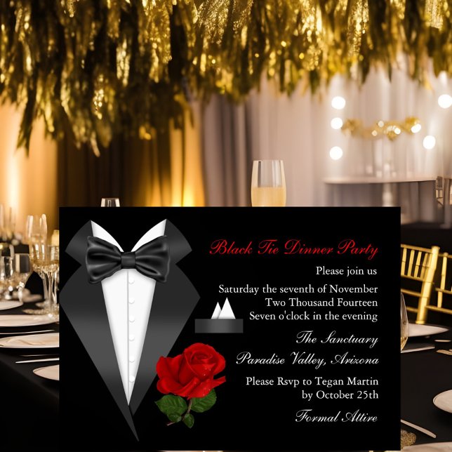 Elegant Tux & Rose Black Tie Dinner Party Invite (Creator Uploaded)