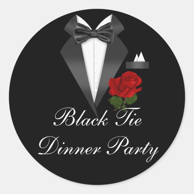 Elegant Tux & Rose Black Tie Dinner Party Sticker (Front)