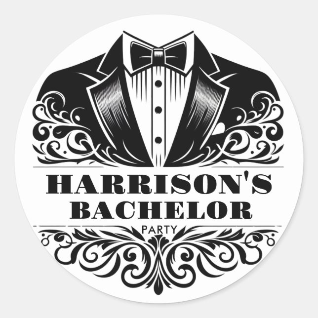 Elegant Tuxedo Bowtie Bachelor/Birthday Classic Round Sticker (Front)
