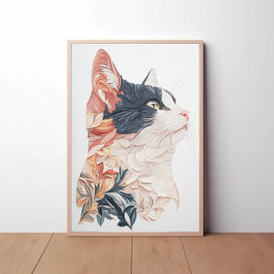 Elegant Tuxedo Cat with Leaf Motif – Paper Art Poster