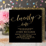 Elegant Twenty One Gold Script Black 21st Birthday Invitation<br><div class="desc">Elegant Chic Black and Gold Twenty One Script 21st Birthday Invitation. This modern birthday party invitation template features stylish „twenty one” text in huge faux gold foil swirly handwritten calligraphy (or typography) script with swash tails, party details in gold colour on black background. At the reverse side faux gold foil...</div>