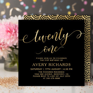 Elegant Twenty One Gold Script Black 21st Birthday Invitation
