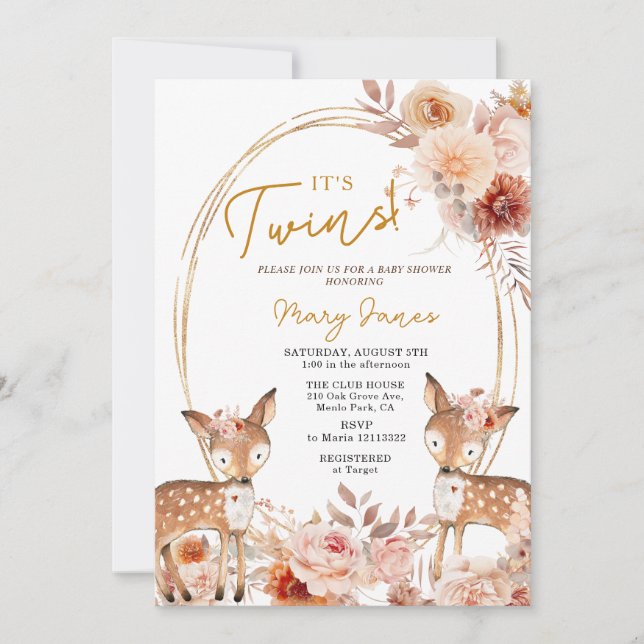 Elegant Twin Deer Ivory Beige Flower Baby Shower Invitation (Front)