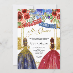 Elegant Twin Quinceañera Invitation Floral Gold