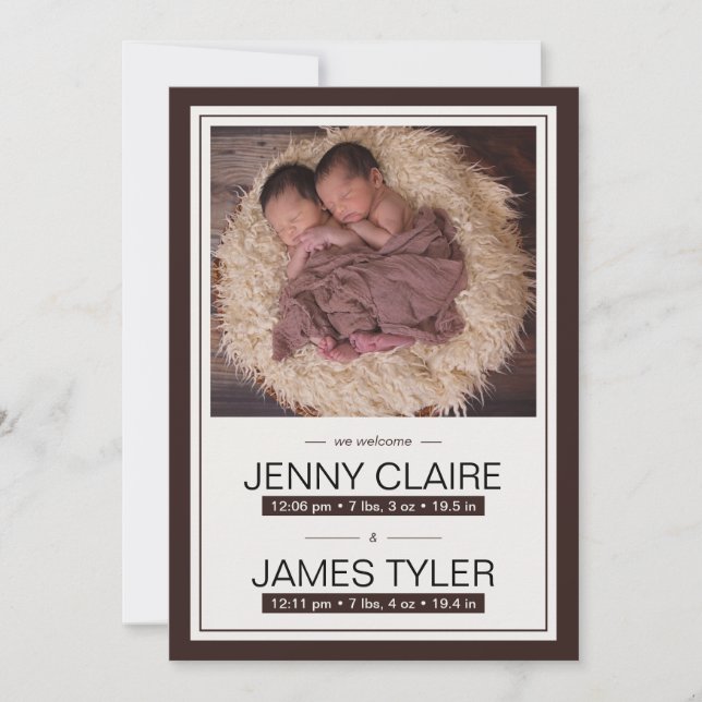 Elegant Twins Baby Birth Announcement (Front)