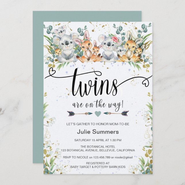 Elegant Twins Koalas Kangaroos Safari Baby Shower Invitation (Front/Back)