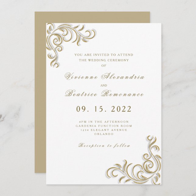 Elegant two brides gold scroll wedding invitation (Front/Back)