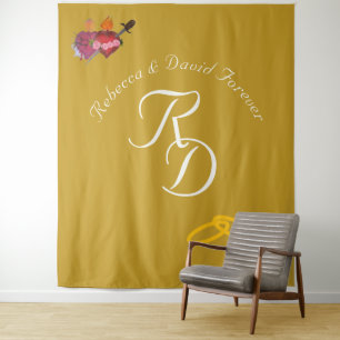 Elegant Two Hearts Catholic Monogrammed Wedding Tapestry