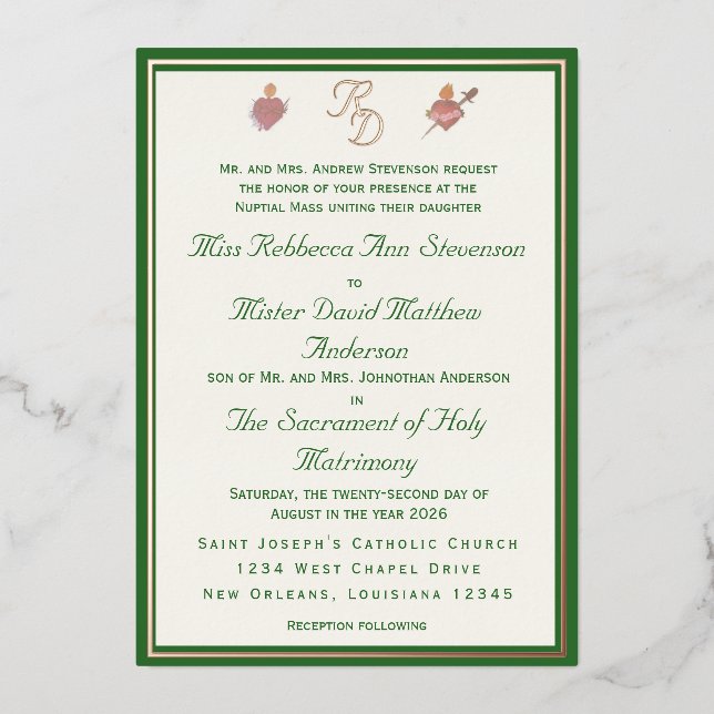 Elegant Two Hearts Catholic Wedding Invitation (Front)