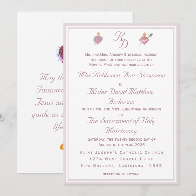 Elegant Two Hearts Catholic Wedding Invitation (Front/Back)