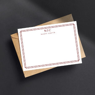 Elegant Two Monogram Maroon Red Geometric Border Card