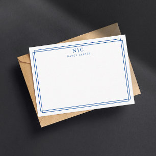 Elegant Two Monogram Navy Blue Geometric Border  Card