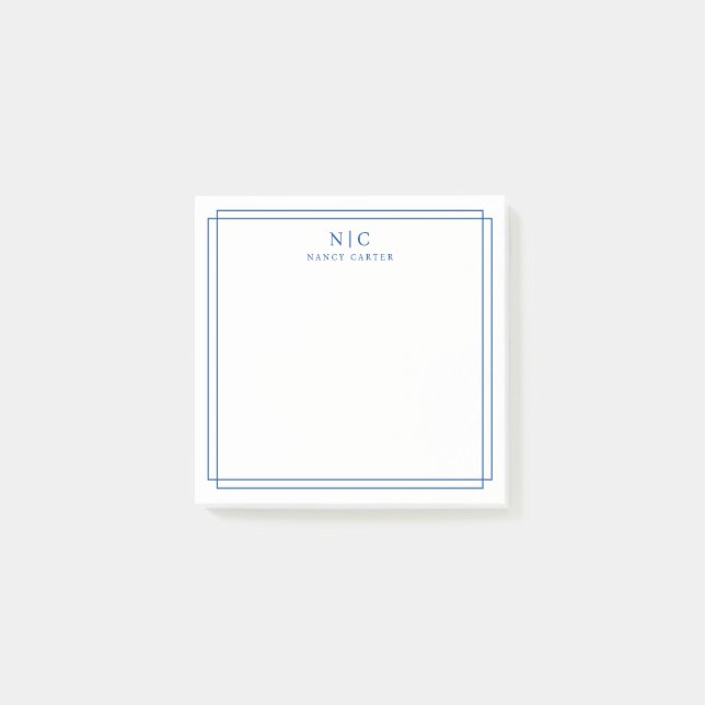 Elegant Two Monogram Navy Blue Geometric Border  Post-it Notes (Front)