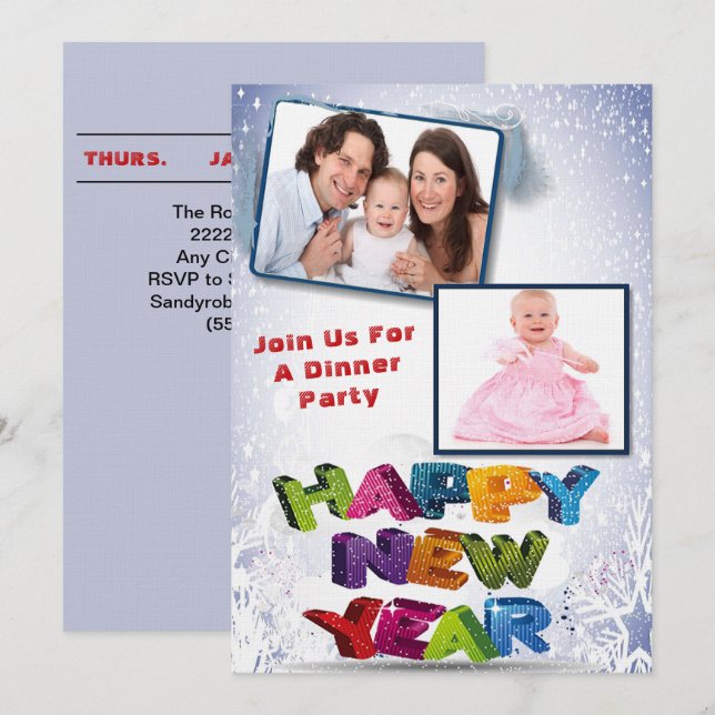 Elegant Two Photo Happy New Year’s Dinner Party Invitation (Front/Back)