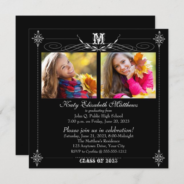 Elegant Two Photo Monogram Graduation Invitation (Front/Back)