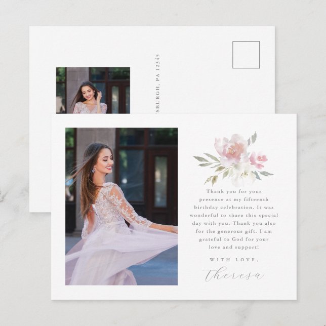 Elegant Two Photo Quinceanera Floral Thank You Postcard (Front/Back)