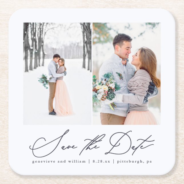 Elegant Two Photo Wedding Save the Date Coaster (Front)