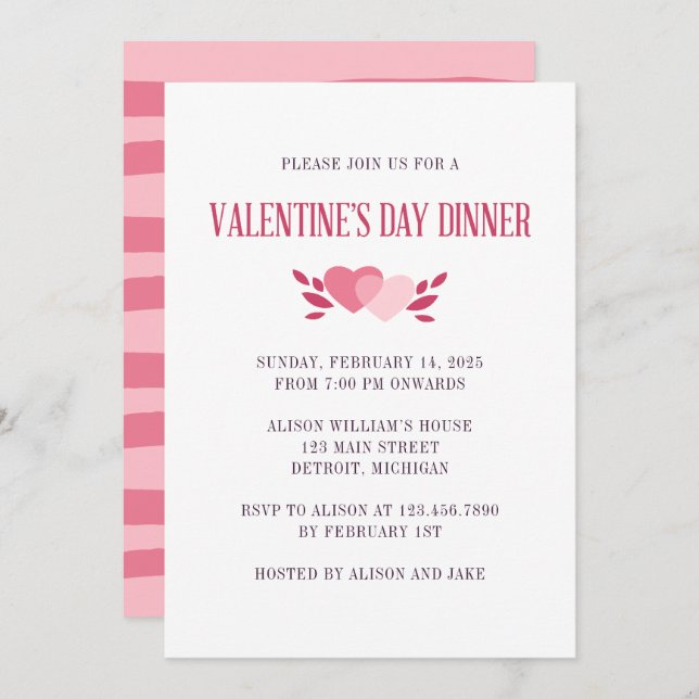 Elegant Two Pink Hearts Valentine Dinner Party Invitation (Front/Back)