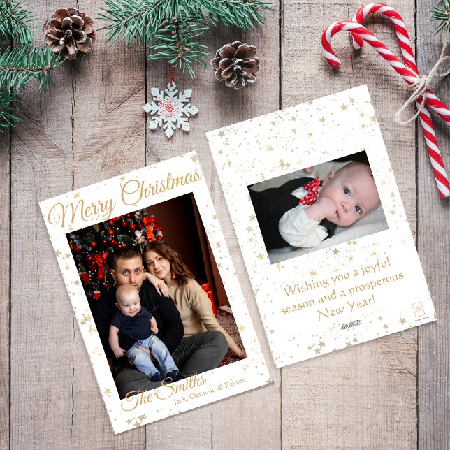 Elegant Two-Sided Gold Stars Family Photo  Holiday Card (Creator Uploaded)