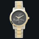 Elegant Two-Tone Monogram & Name Bridesmaid Gift Watch<br><div class="desc">A timeless token of appreciation, this silver and gold two-tone watch showcases a classic grey monogram on a deep charcoal background. The refined white script details add a touch of grace, ensuring this beautiful timepiece serves as both a functional gift and a stylish memento of your special day. Personalise each...</div>