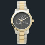 Elegant Two-Tone Monogram & Name Bridesmaid Gift Watch<br><div class="desc">A timeless token of appreciation, this silver and gold two-tone watch showcases a classic grey monogram on a deep charcoal background. The refined white script details add a touch of grace, ensuring this beautiful timepiece serves as both a functional gift and a stylish memento of your special day. Personalise each...</div>