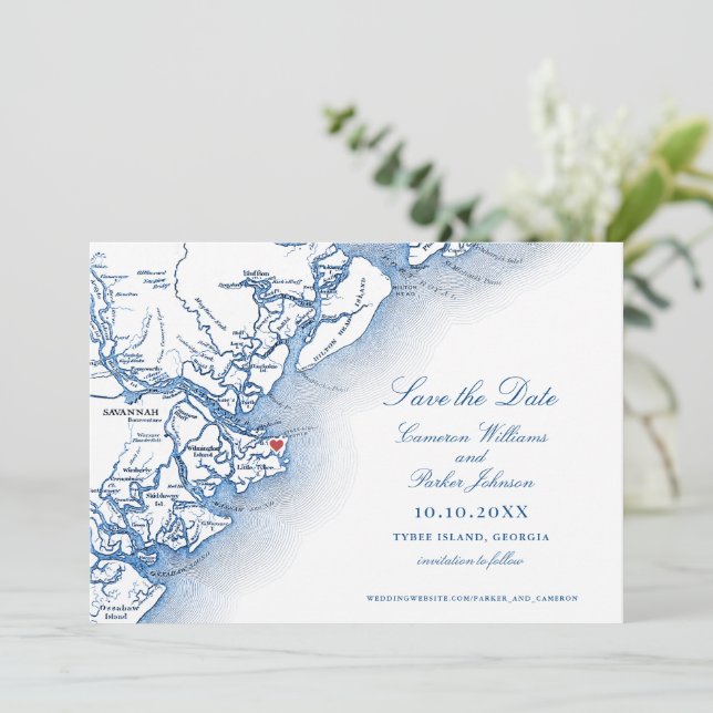 Elegant Tybee Island Georgia Map Wedding Save The Date (Standing Front)