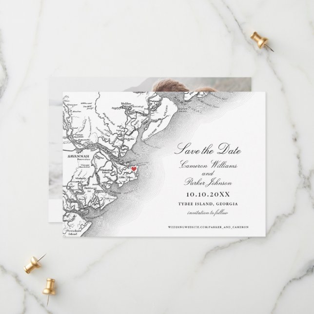Elegant Tybee Island Georgia Map Wedding Save The Date (Front/Back In Situ)