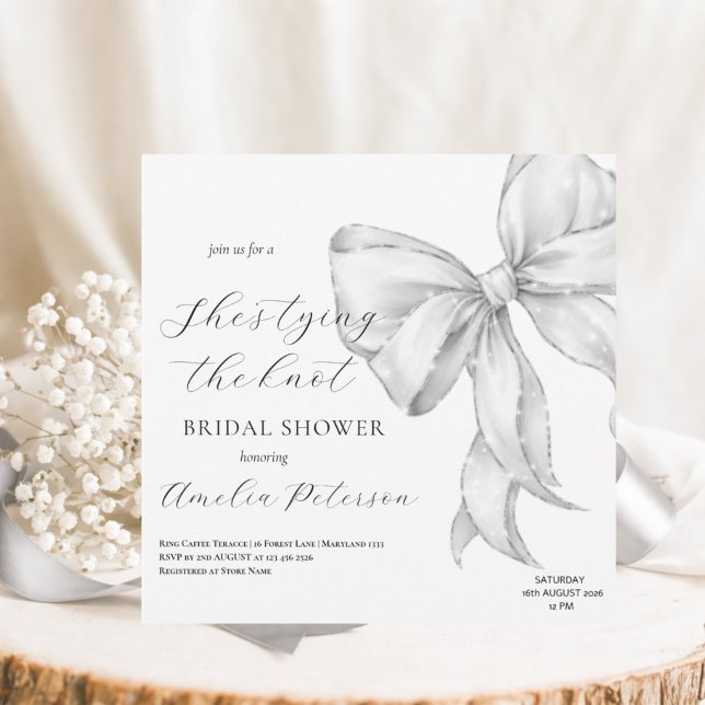 Elegant, tying the knot bridal shower white bow. invitation (Creator Uploaded)