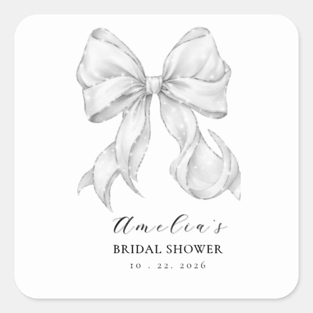Elegant, tying the knot bridal shower white bow. square sticker (Front)