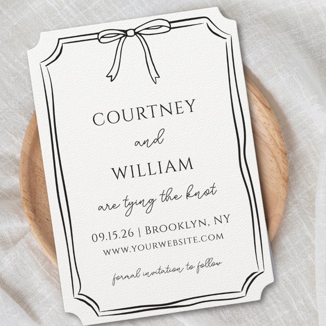Elegant "Tying the Knot" Hand-Drawn Bow Modern Save The Date (Classic black and white Save the Date card with an elegant bow design—customizable for your wedding.)