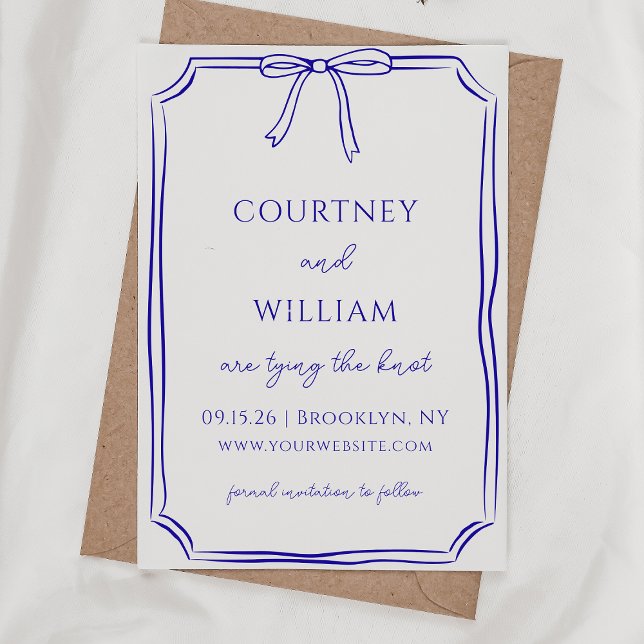 Elegant "Tying the Knot" Hand-Drawn Bow Navy Blue  Save The Date (Make a statement with this elegant royal blue wedding invitation, customizable for your special day.)