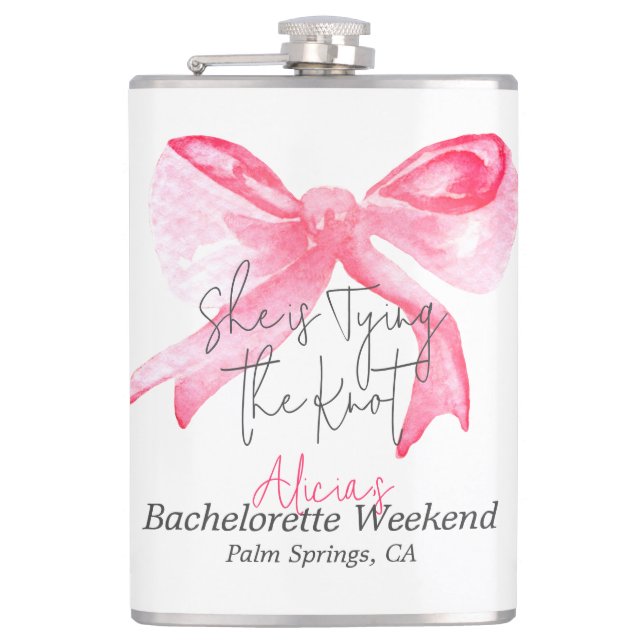 Elegant Tying the Knot Pink Bow Bachelorette Party Hip Flask (Front)