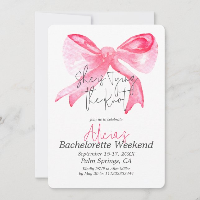 Elegant Tying the Knot Pink Bow Bachelorette Party Invitation (Front)