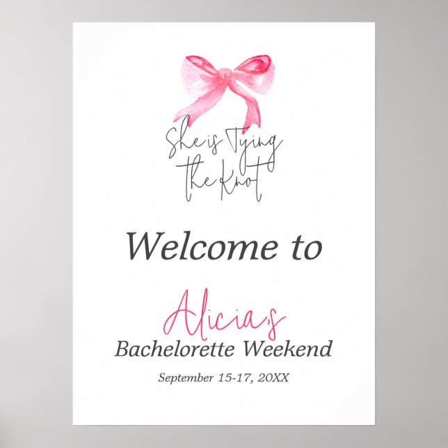 Elegant Tying the Knot Pink Bow Bachelorette Party Poster (Front)