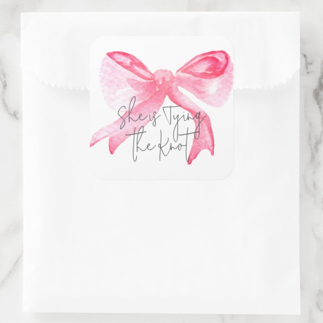 Elegant Tying the Knot Pink Bow Bridal Shower Square Sticker (Bag)