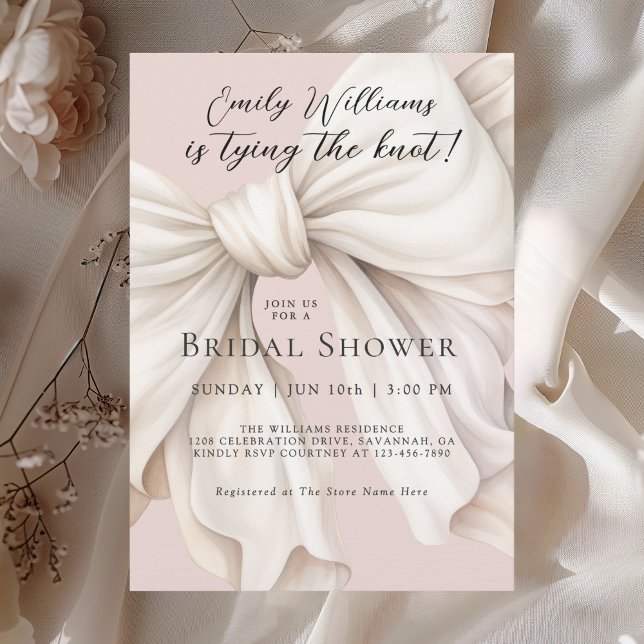 Elegant Tying the Knot White Bow Bridal Shower Invitation (Available in both printed and instant download digital formats.)