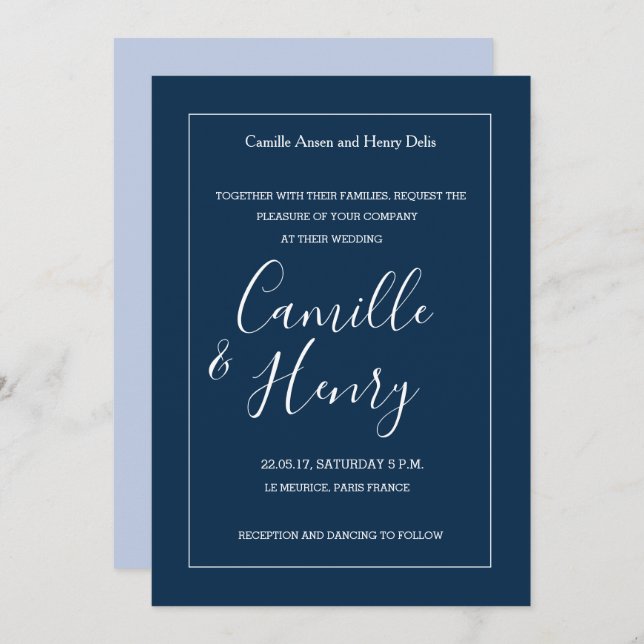 Elegant type blue white lavender modern wedding invitation (Front/Back)