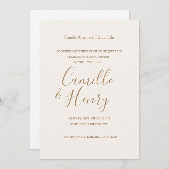 Elegant type champagne white gold modern wedding invitation (Front/Back)