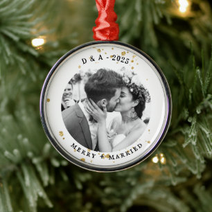 Elegant Typewriter   Merry and Married Photo Metal Ornament