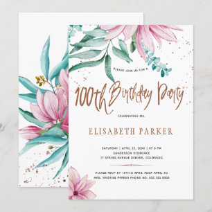 Elegant typography 100th floral birthday party invitation