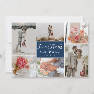 Elegant Typography 6 Photo Collage Navy Wedding Thank You Card