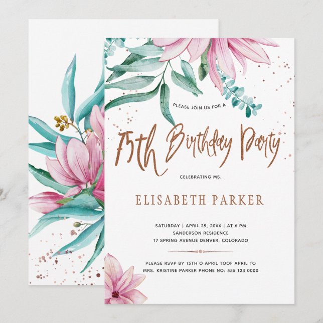 Elegant typography 75th floral birthday party invitation (Front/Back)