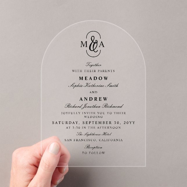 Elegant Typography Ampersand Monogram Wedding Acrylic Invitations (Insitu (Handheld))