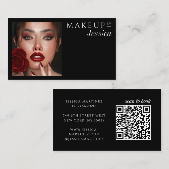 Elegant Typography Black QR Code Photo Makeup Business Card (Front/Back)
